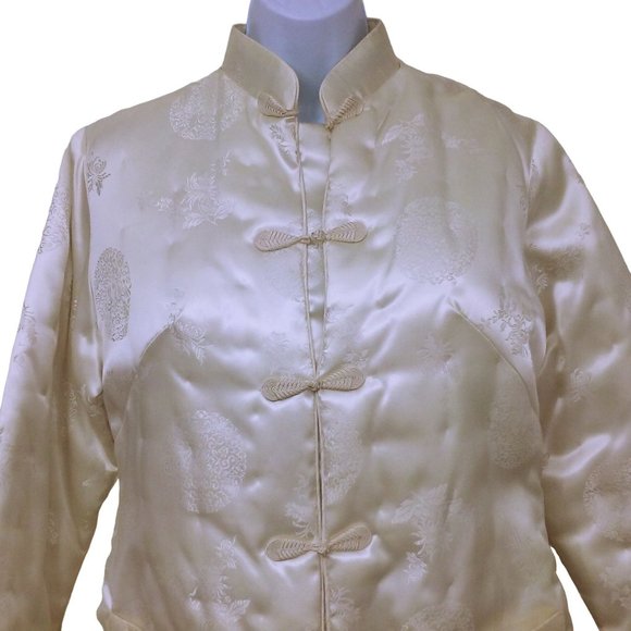 Vintage 80s NWT Fortune Quilted Jacket L Asian Brocade Pockets Frogs Satin Ivory - Picture 2 of 11